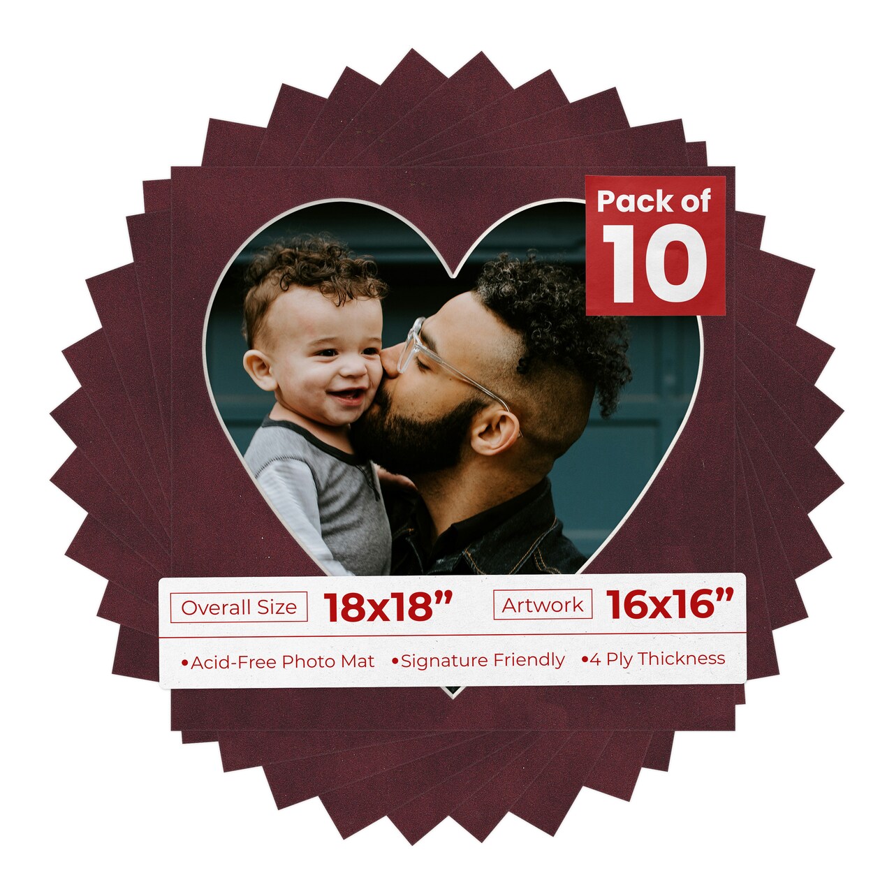 Dark Red Suede Mat Board for 18x18 Frames - Heart Opening for 16x16 Photos